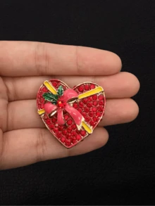 1 件女士红色珐琅水钻蝴蝶结心形礼盒胸针，适合圣诞节和情人节礼物 - 心形 - 查看 2