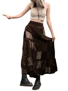 Women Long Patchwork Skirt, Adults Vintage Elegant Flower Print Pleated Skirt Brown - Marrón - Ver 3