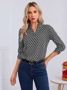 Blusa De Manga Enrollada De Cuello V Para Mujer,Blusas De Cuello De Pico Larga Con Estampado Integral