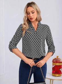 Blusa De Manga Enrollada De Cuello V Para Mujer,Blusas De Cuello De Pico Larga Con Estampado Integral