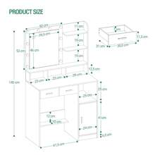 Hzuaneri Tocador con espejo, brillo regulable, tocador con 2 cajones y 1 armario, 3 estantes y 4 compartimentos abiertos, blanco