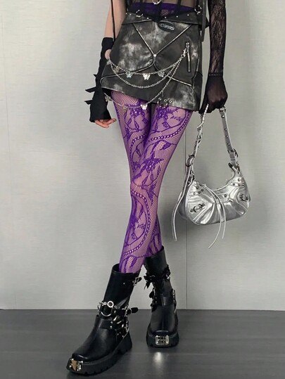 1pc Sexy Purple Hollow Out Sheer Lace Up Fishnet Tight Stockings, For Festival Party