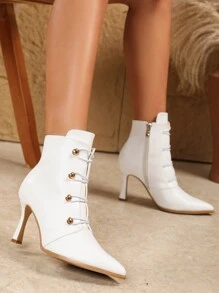 女士尖头高跟踝靴，法式时尚女士高跟细靴，黑色百搭金属扣拉链靴，适合秋冬春季 - 白色 - 查看 2