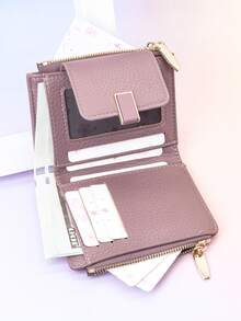 Ví ngắn mới cho nữ, khóa bấm nhỏ gọn, da PU mềm, khóa kéo đôi, ví đựng tiền xu, phụ nữ trẻ trung, thanh lịch, tối giản và nhẹ, quà tặng Giáng sinh, quà tặng Lễ Tạ ơn cho phụ nữ, màu hồng - Màu tím - Xem 2