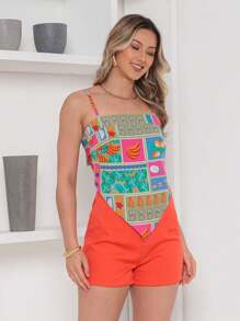 RAW CLOTHING One Size Shirt Set With Tie At The Back And Print, Shorts With Zipper And No Pocket - Orange - View 3