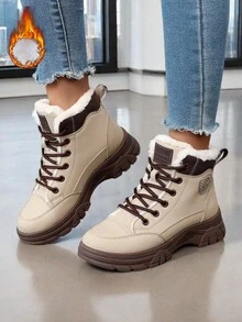 2024 年新款拼色高帮时尚保暖内衬女士冬季鞋，时尚简约厚底，适合日常穿着，春冬季 - 卡其色 - 查看 4