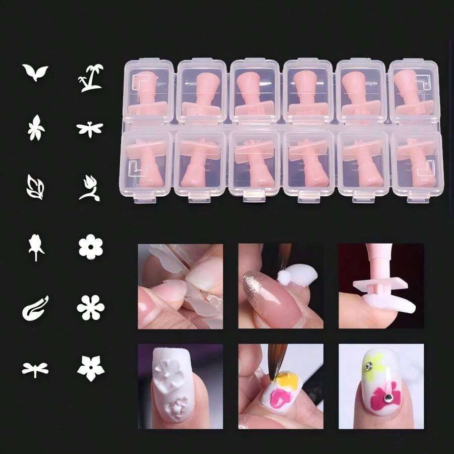 12 Kiểu Acrylic Nail Stamper Mix Patterns Trees Flowers Butterfly Shape 3D Stamping Tools Mold For Nail Art Decoration - Hồng - Xem 1