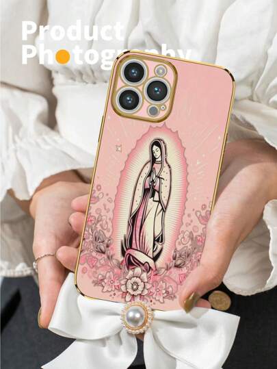 6D Electroplated Pink TPU Virgin Mary Pattern Shock Proof Protective Phone Case Compatible With IPhone, Galaxy, Redmi, OPPO, And Other Smartphone Models Waterproof Anti-Fall Scratch Resistant