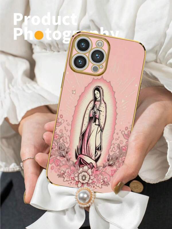 Funda protectora para teléfono con patrón de Virgen María de TPU rosa chapado en 6D, a prueba de golpes, compatible con iPhone, Galaxy, Redmi, OPPO y otros modelos de teléfonos inteligentes, resistente al agua, a las caídas y a los arañazos