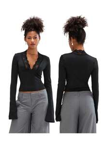 Women's Spring Summer Slim Fitted Lace Trim Low Cut Deep V Neck Bell Sleeve Crop Shirt Y2K Going Out Streetwear
