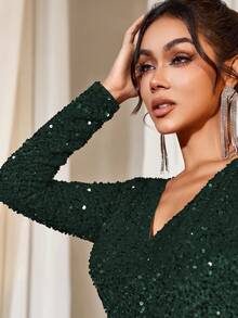 Faeriesty Surplice Neck Sequin Bodice Contrast Mesh Hem Belted Formal Evening Dress