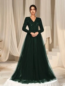 Faeriesty Surplice Neck Sequin Bodice Contrast Mesh Hem Belted Formal Evening Dress