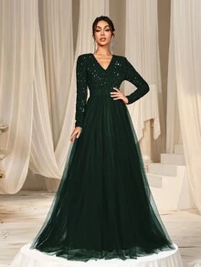 Faeriesty Surplice Neck Sequin Bodice Contrast Mesh Hem Belted Formal Evening Dress