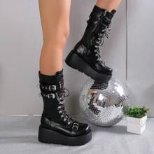 Damskie buty do biegania w stylu punkowym jesień/zima 2025, grube, okrągłe, z bocznym zamkiem błyskawicznym i grubym dnem, czarne, regulowane, płaskie buty z klamrą, damskie wysokiej klasy, do pracy na świeżym powietrzu, lekkie, antypoślizgowe, za kolano