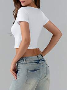Women's Summer Fitted Crop Tops Short Sleeve Crewneck Solid Color/Pattern Print Cropped T-Shirt - Orange - View 7