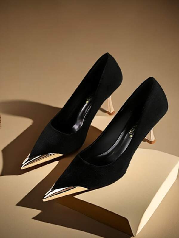 Recommend Ordering 1 Size Up For Wide Feet, Fashionable Sexy Nightclub Show Slim High Heel Shoes, European Style Low Vamp Metal Pointed Toe Flocking Ladies Pumps, All Season