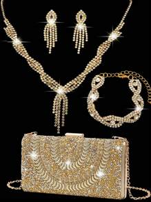 LETODE 4 Pieces Rhinestone Jewelry Set Bling Necklace Earrings Bracelets Set For Women Evening Clutch Bag Bridal Wedding Women Evening Party Bridal Purse Silver Sparkling Crystal Diamond Clutch Women's Handheld Evening Metal Chain Bag Handbag Crossbody Purse Bag For Women And Girls - 金色 - 查看 2