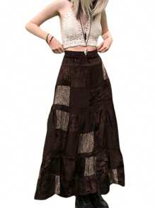 Women Long Patchwork Skirt, Adults Vintage Elegant Flower Print Pleated Skirt Brown - Marrón - Ver 2