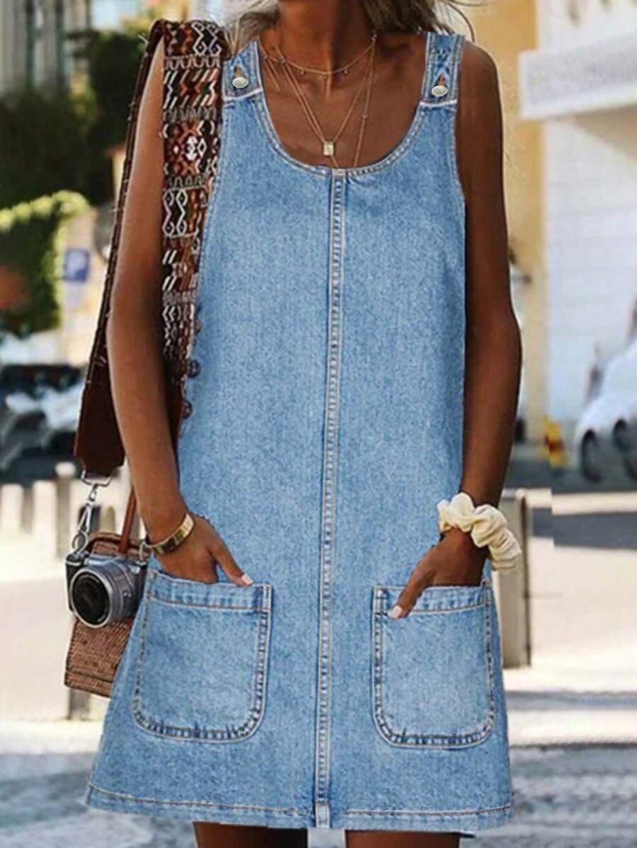 Women's Sleeveless Denim Dress With Off-The-Shoulder And Shoulder Strap Button Closure, Casual And Loose Style With Pocket. - 淺色水洗藍 - 查看 1
