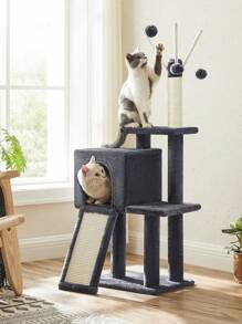 Feandrea Tiragraffi per Gatti, Albero per Gatti, Grotta per Gattini Micini, Diversi Livelli di Peluche, 42 x 32 x 118 cm, Graffitoio, 3 Bastoncini Pompom Rimovibili, Grigio Fumo