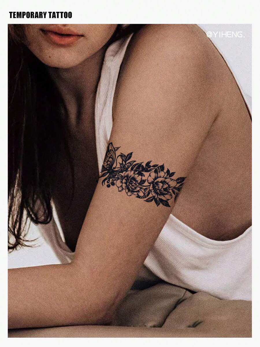 1 件草本临时纹身，防水防汗蝴蝶和花卉图案，半永久纹身可持续 2 周，时尚性感玫瑰假纹身贴纸，适合男女，可遮盖疤痕，适用于腿部、背部、胸部、腰部、脚踝、手臂和锁骨 - 黑色 - 查看 1