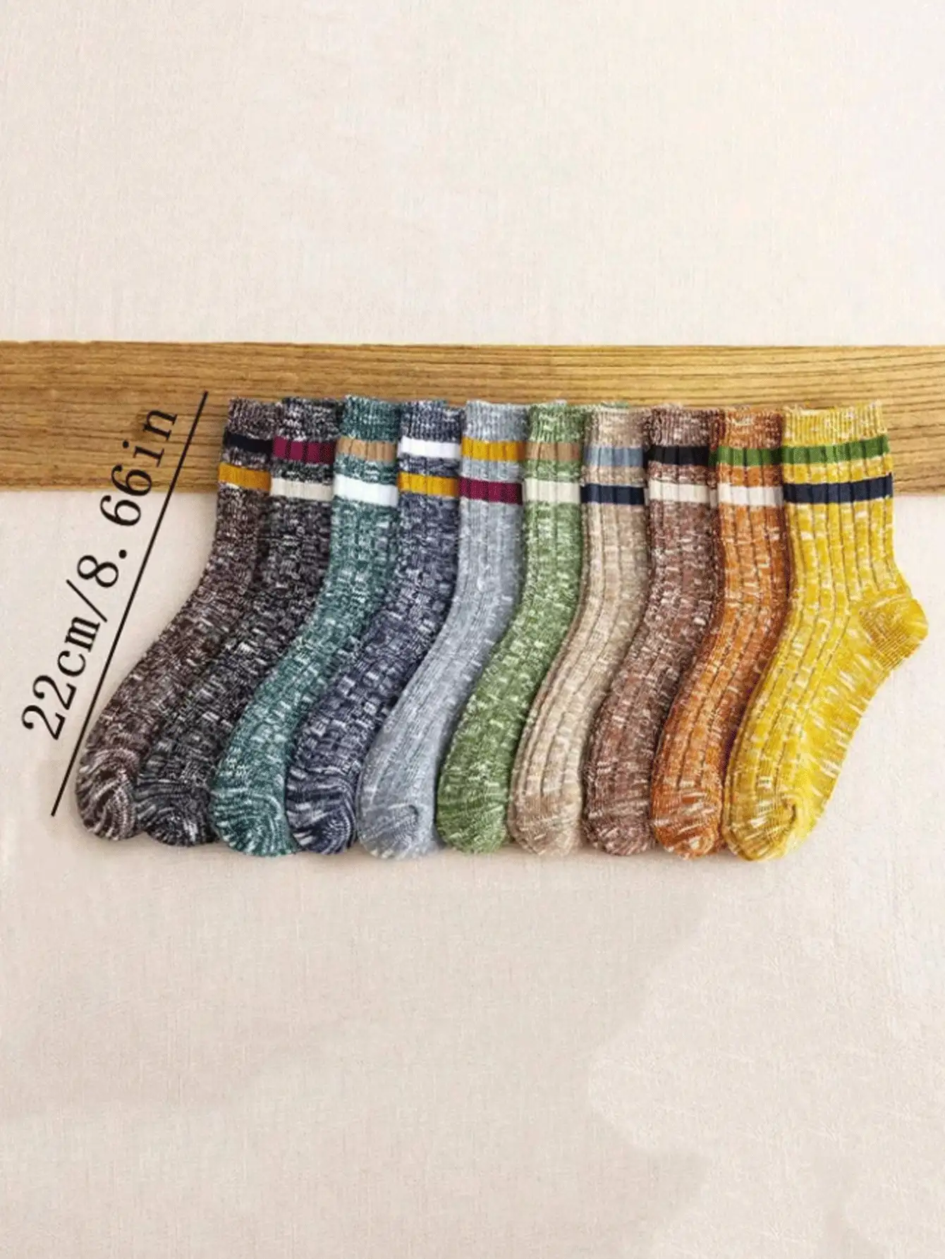 5双随机色厚针织竖条纹圆领袜子，秋冬季休闲街头装中长袜 - 彩色 - 查看 3