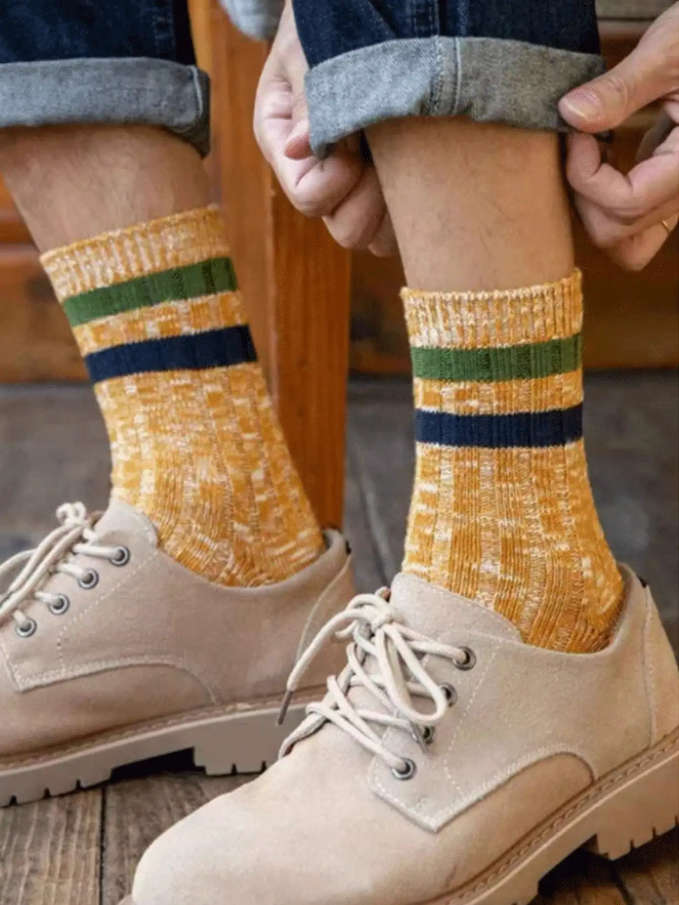 5双随机色厚针织竖条纹圆领袜子，秋冬季休闲街头装中长袜 - 彩色 - 查看 7