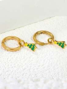 1 Cặp mặt dây chuyền chuông cây thông Noel bằng thép không gỉ hình bông tuyết, hoa tai vòng tròn, trang sức không phai, phụ nữ, trang phục dự tiệc Giáng sinh hàng ngày - Vàng - Xem 11