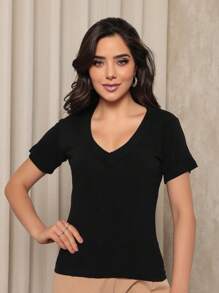 Women's V-Neck Blouse Short Sleeve Basic Tshirt Blouse - Black - View 4