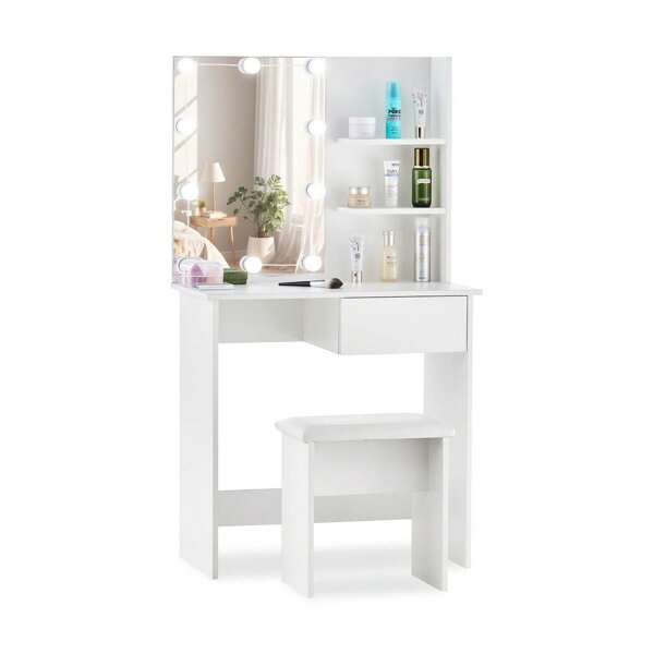 CLIPOP CLIPOP Coiffeuse con Miroir et Tabouret LED, Coiffeuse con Rangement à Tiroir et 3 Compartiments, Table de Maquillage Blanc Chambre, Coiffeuse d'angle Moderne Femme Cadeau 75 * 40 * 137 cm