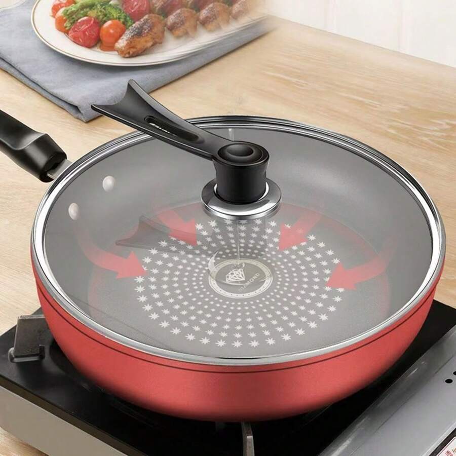 Sartén antiadherente de 24 cm en rojo/verde/sin tapa/con tapa/incrustación de cristal, de fondo grueso, bajo en humo, apta para cocinas de gas y eléctricas, para cocinar mariscos