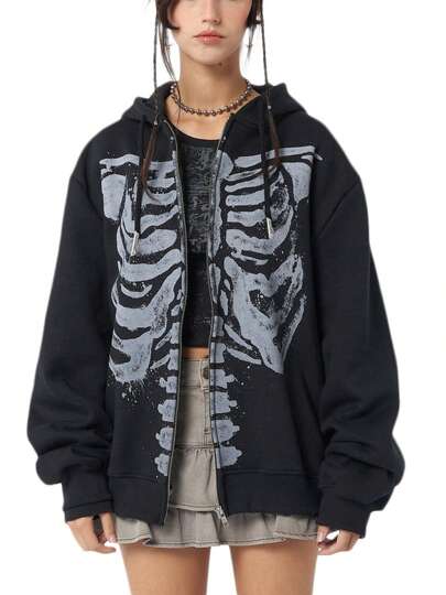 Women's Spring Autumn Casual Hooded Coat Black Long Sleeve Skull Print Zipper Hoodie