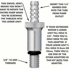 Lower Unit Gear Oil Pump For Standard Quart Bottles, Includes 3/8 Inch Metal Swivel, 8mm And 10mm Adapters Fit Most Marine Boat Outboard Motors (NOT COMPATIBLE WITH VOLVO PENTA)
