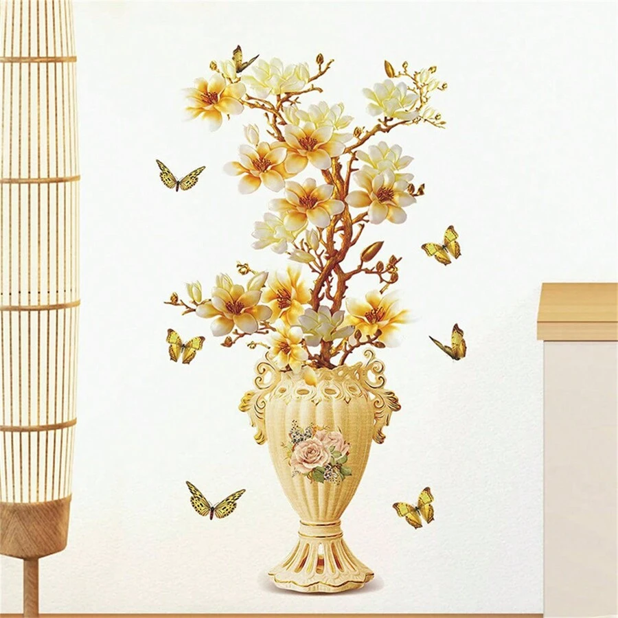 1 pezzo Adesivo da parete 3D in rilievo con vaso di fiori e fiori, adatto per camera da letto, ingresso, soggiorno, ufficio, portico, parete d'accento, decorazione per la casa - Multicolore - Visualizzare 1