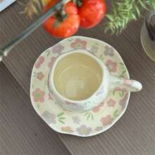 1 套咖啡杯碟手绘花心陶瓷杯带碟家庭办公室水杯早餐牛奶茶杯礼物 - 彩色 - 查看 7