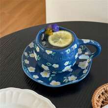 1 套咖啡杯碟手绘花心陶瓷杯带碟家庭办公室水杯早餐牛奶茶杯礼物 - 彩色 - 查看 8