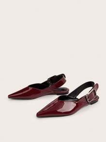 French Style Burgundy Leather Pointed Toe Buckle Decor Flat Mules