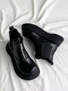 Women's Round Toe Thick Sole Anti-Slip Patent Leather Boots, Minimalist Fashion Gothic Style Front Zipper Short Boots, Suitable For School, Commute, Work Outfit In Autumn/Winter