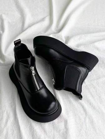 Women's Round Toe Thick Sole Anti-Slip Patent Leather Boots, Minimalist Fashion Gothic Style Front Zipper Short Boots, Suitable For School, Commute, Work Outfit In Autumn/Winter