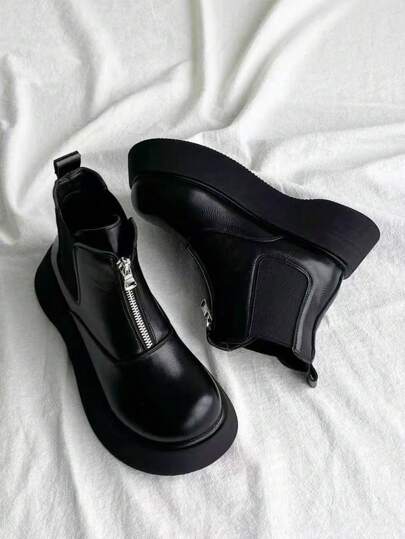 女士圆头厚底防滑漆皮靴，简约时尚哥特式前拉链短靴，适合秋冬季上学、通勤、工作装