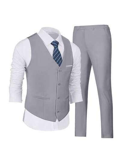 Furuyal Men's 3 PiecesSuit, Elegant Solid Color Slim Fit Gentleman's Set Including Vest, Trousers And Tie, Suitable For Business, Wedding, Party, Prom, Light Gray, Size XS-3XL