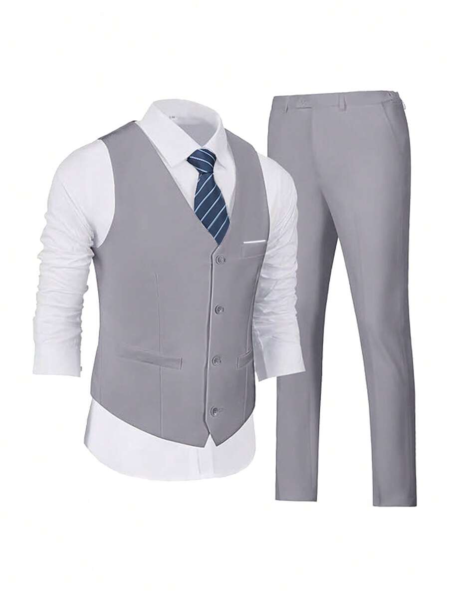 Furuyal Men's 3 PiecesSuit, Elegant Solid Color Slim Fit Gentleman's Set Including Vest, Trousers And Tie, Suitable For Business, Wedding, Party, Prom, Light Gray, Size XS-3XL - Màu Xám nhạt - Xem 1