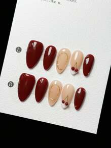 10片纯手工性感深红色金线卷曲白色3D法式樱桃杏仁形美甲贴片，高级高端奢华美甲用品手工美甲贴片 - 紅白色 - 查看 3