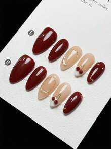 10片纯手工性感深红色金线卷曲白色3D法式樱桃杏仁形美甲贴片，高级高端奢华美甲用品手工美甲贴片 - 紅白色 - 查看 2