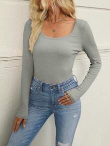 Huskary Womens Scoop Neck Long Sleeve Ribbed Knit Fitted Casual Tops Tee Slim Basic Shirts ﻿ - Xám - Xem 5