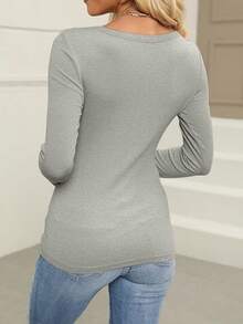 Huskary Womens Scoop Neck Long Sleeve Ribbed Knit Fitted Casual Tops Tee Slim Basic Shirts ﻿ - Xám - Xem 2