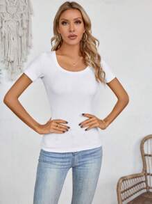 Women's Summer Scoop Neck Short Sleeve T-Shirts Ribbed Knit Slim Fitted Casual Basic Top - 白色 - 查看 3