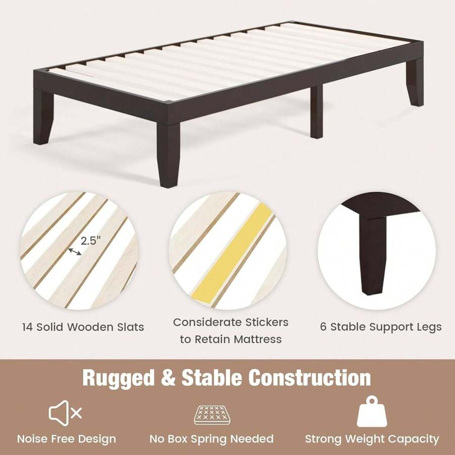 King Wood Platform Bed Frame, 14 Inch Solid Rubber Wood Mattress