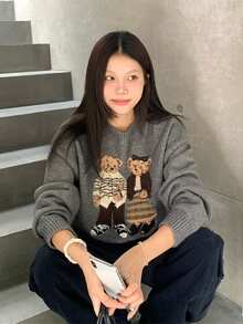 Vintage Cartoon Jacquard Knit Sweater,Long Sleeve Tops