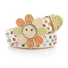 女士 Y2K 水钻装饰腰带，花朵扣合金可调节朋克腰带，带大水钻装饰，情人节、情人节、秋季、万圣节